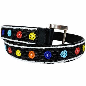 Chico's Seed Bead Black Leather Belt Women's Small Floral Bloom Hippie Boho
